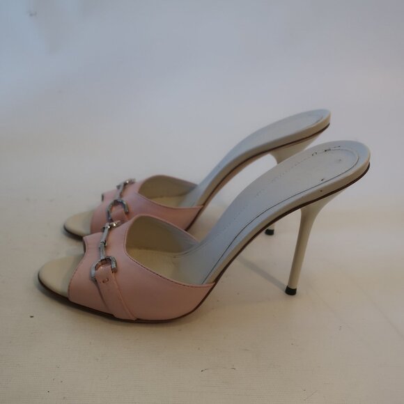 Womens Gucci Pink Stiletto Heel Open Toe Leather Sandal Mule Heels 38.5 US/8.5 - Picture 5 of 11